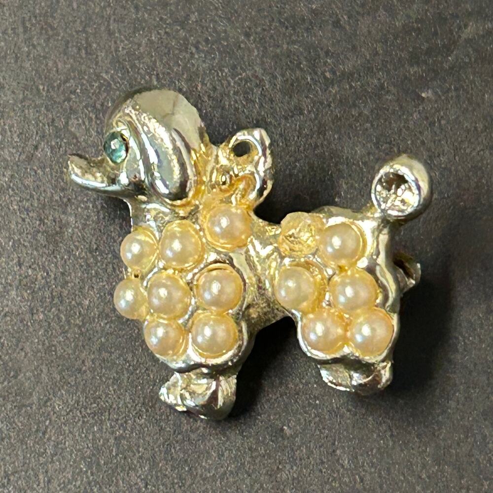 Vintage Faux Pearl‎ Rhinestone Poodle Pin Brooch